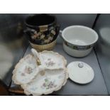 Downham market sunday school plate, Hors' devours dish, bed pot, 3 handled urn/vase