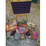 Vintage jigsaw puzzles, easel, dominoes, doll house furniture, boxed vintage tea set, Andy Warhol