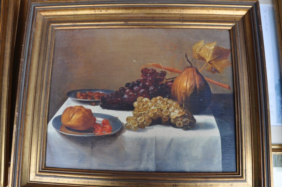 Oil on board still life with fruits, English School framed 64 x 53cm - Image 3 of 3