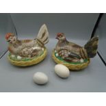 2 vintage hen egg crocks with 2 dummy eggs