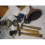 Record no 5 junior vice, oil can, funnels, 3 hammers, an oil lamp and copper cup