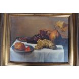 Oil on board still life with fruits, English School framed 64 x 53cm