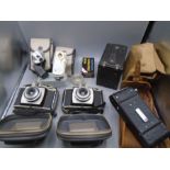 Olympus a11 in case, 2 x Kodak brownie 44b, Kodak Brownie in case, flash gun and other accessories