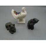 Crested bird F&G Height Wisbech and 2 Devon stone sculpture cats