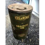 Vintage Large Celerine Tractor Oil Barrel with tap and built in dip stick 53 cm wide 100 cm tall