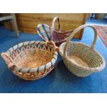 3 wicker baskets with handles, largest with diameter approx 37cm