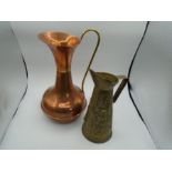 Brass jug and copper jug with brass band and handle