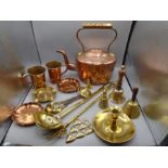 Copper and brass items to include copper kettle and cups, brass belss, horse brass etc