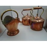 2 copper goose neck kettles and a copper coal bucket