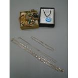 3 silver chains (approx 30gms), murano glass pendant necklace and box with a couple of costume