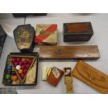 collection of tins,mini snooker/billiard balls, playing cards in leather wallet, leather purse,