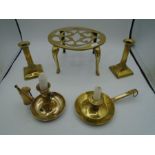 Brass candlesticks 7" tall, brass kettle stand and 2 candle holders, one with a snuffer and one with