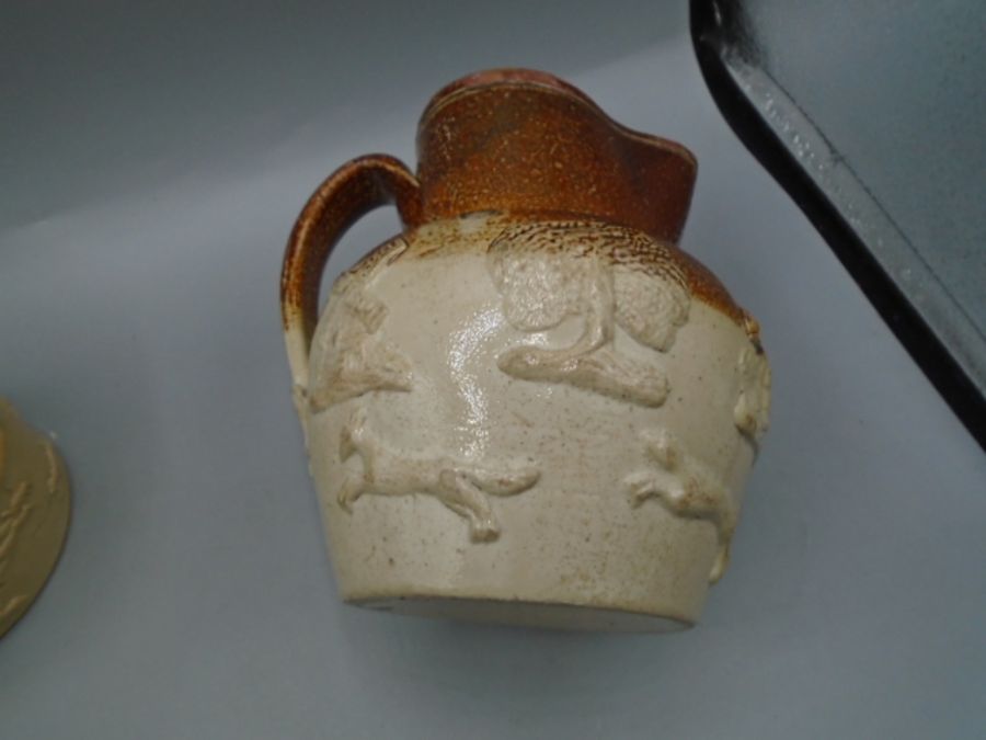 Early Doulton stoneware jugs and teapot plus one in similar style, all as found - Image 12 of 13