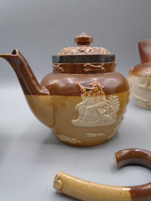 Early Doulton stoneware jugs and teapot plus one in similar style, all as found - Image 5 of 13