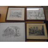 Ernest Hampshire etching of Wells cathederal, C. Varley sketch of Kings Head pub and 2 other