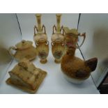 pair of jugs, cheese dish, jug, handled pot and hen crock