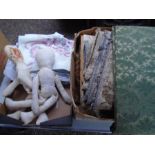 box of linen, pelmets and 2 dolls