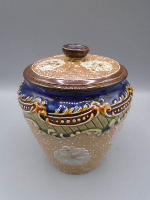 Doulton stoneware lidded pot, lid is cracked6" tall