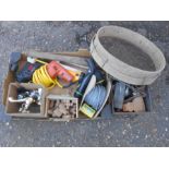Mixed box of tools, taps, garden sieve etc