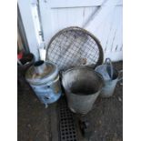 Galvanised bucket, watering can, incinerator and 2 garden sieves