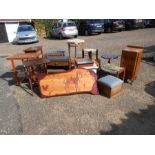 job lot of furniture to include treen plaque, ottaman etc