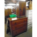 3 drawer chest of drawers, painted green cupboard, pot cupboard and a chair