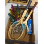 Garden Party box to include 6 outdoor hanging tea light holders, vintage tennis rackets Dunlop and