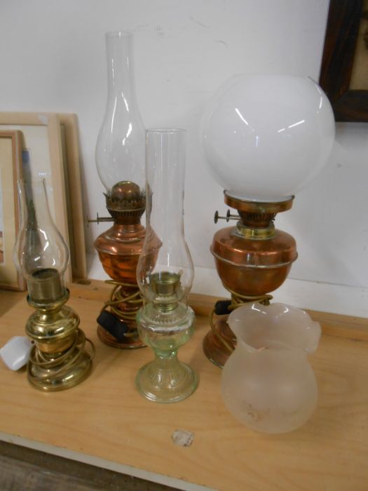 4 oil lamps (3 converted to electric) Copper/Brass