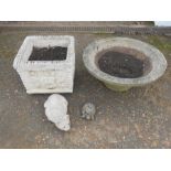 2 concrete garden planters and 2 garden ornaments