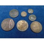 7 coins/medallions of interest including 1 Roman, 1 Celtic, 1/2 farthing 1843