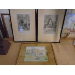 G A Raby etchings x2 Strangers Hall Courtyard and Elm Hill plus a watercolour