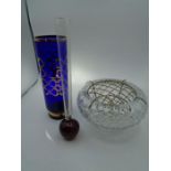 Cut glass large rose bowl, blue vase and bud vase with red base