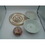 An Indian Tree patterned plate, two bowls decorated with a cockerel and a Japanese lidded pot