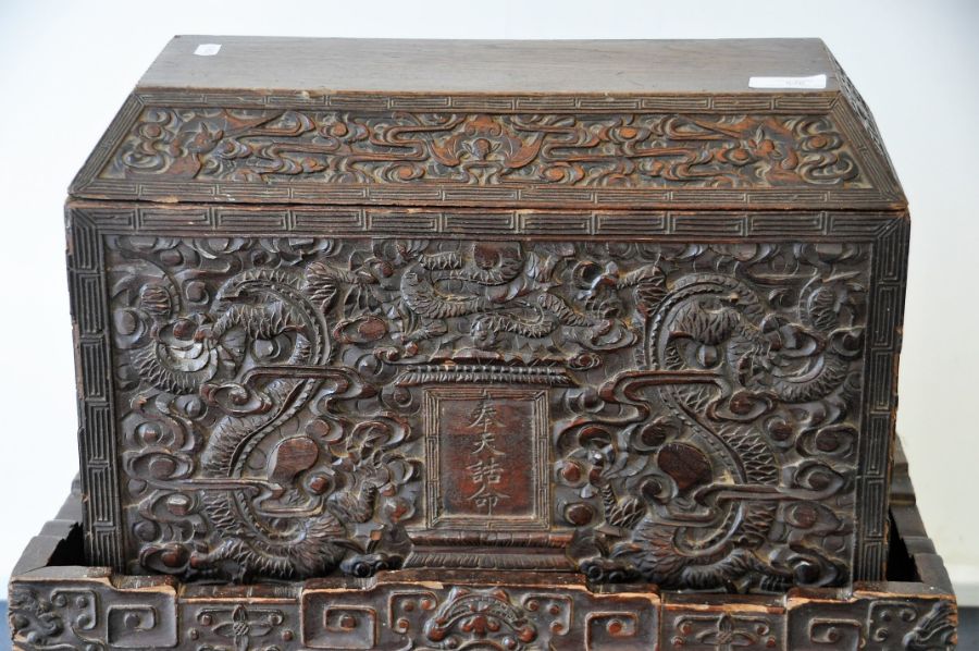 Victorian Chinese heavily carved box with stand and lid (loose), 49cm wide, 23cm deep, 41cm high. - Image 6 of 13