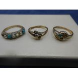 3 9ct gold rings, some stones missing 6gms