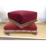 Square red velvet footstool and another with feet missing, for re-upholstery