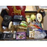 box of sundries to include painted eggs, olympus camera, aftershave, marble lamp base, cufflinks