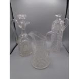 Victorian cut glass claret jug, cut glass jug and decanter- lid missing and chip on rim