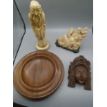 Chinese figure on stand with children, stone Oriental gentleman, Treen mask, church collection bowl