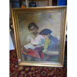 Oil on canvas depicting lady and boy 58cm x 48cm. signed