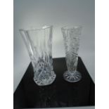 2 cut glass vases, approx 20cm and 22cm tall