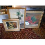 Signed oil on board depicting flowers 49cm x 69cm, plus two prints