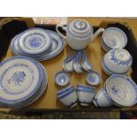 Chinese blue and white part set comprising Tea pot, 4 side plates, 4 smaller plates, 6 soup bowls