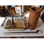 Wicker walking stick holder, wicker picnic basket and 2 walking sticks