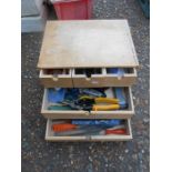 Wooden tool chest with tools