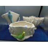 Sylvac art deco planter with green budgerigar plus Sylvac vase with blue budgerigar (repaired) and a