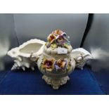 Capodimonte style tureen and 2 large ceramic conch shell planter pots