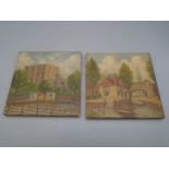 2 hand painted tiles of Norwich scenes