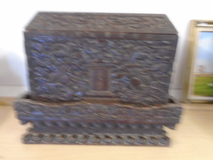 Victorian Chinese heavily carved box with stand and lid (loose), 49cm wide, 23cm deep, 41cm high. - Image 2 of 13
