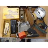 box of vintage stationary hole punch, tape dispenser and a few others